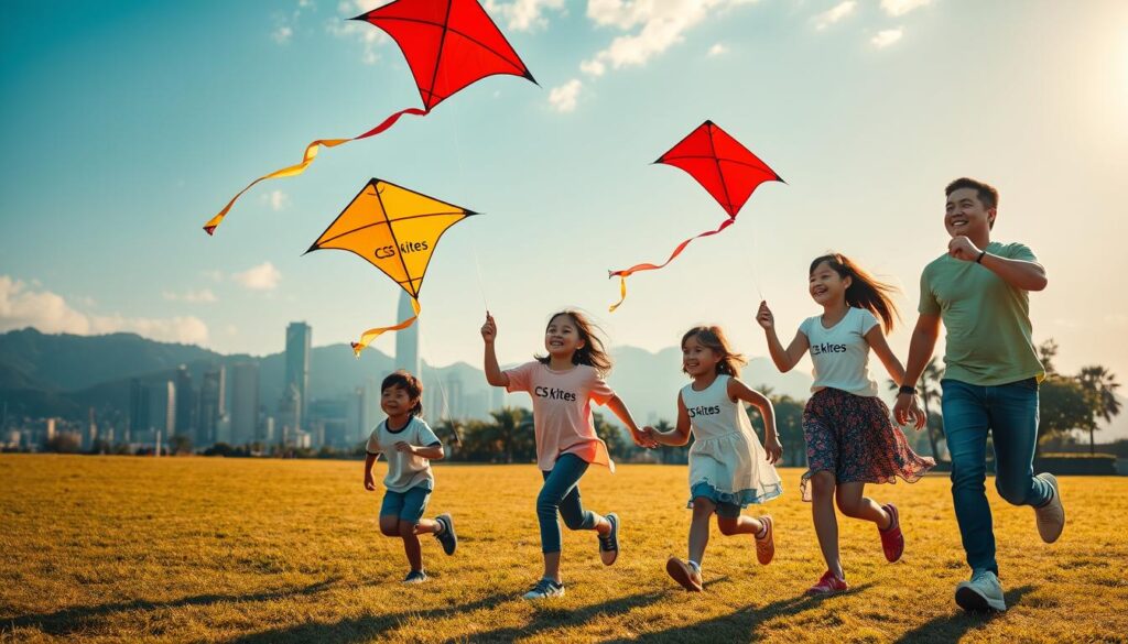 Family kite flying in Hong Kong